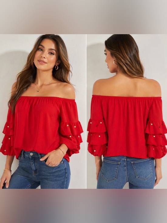 Guess Tops - Guess Red Off Shoulder Blouse Small Ruffle Sleeve Pearl Detail Top